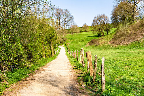 Narrow path in the countryside surrounded by green valley